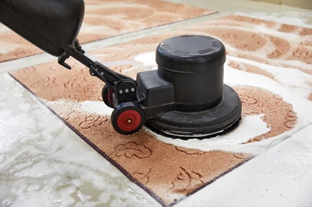 Tapijt reinigen met bonnet cleaning techniek en roterende schrobmachine op hoogpolig tapijt